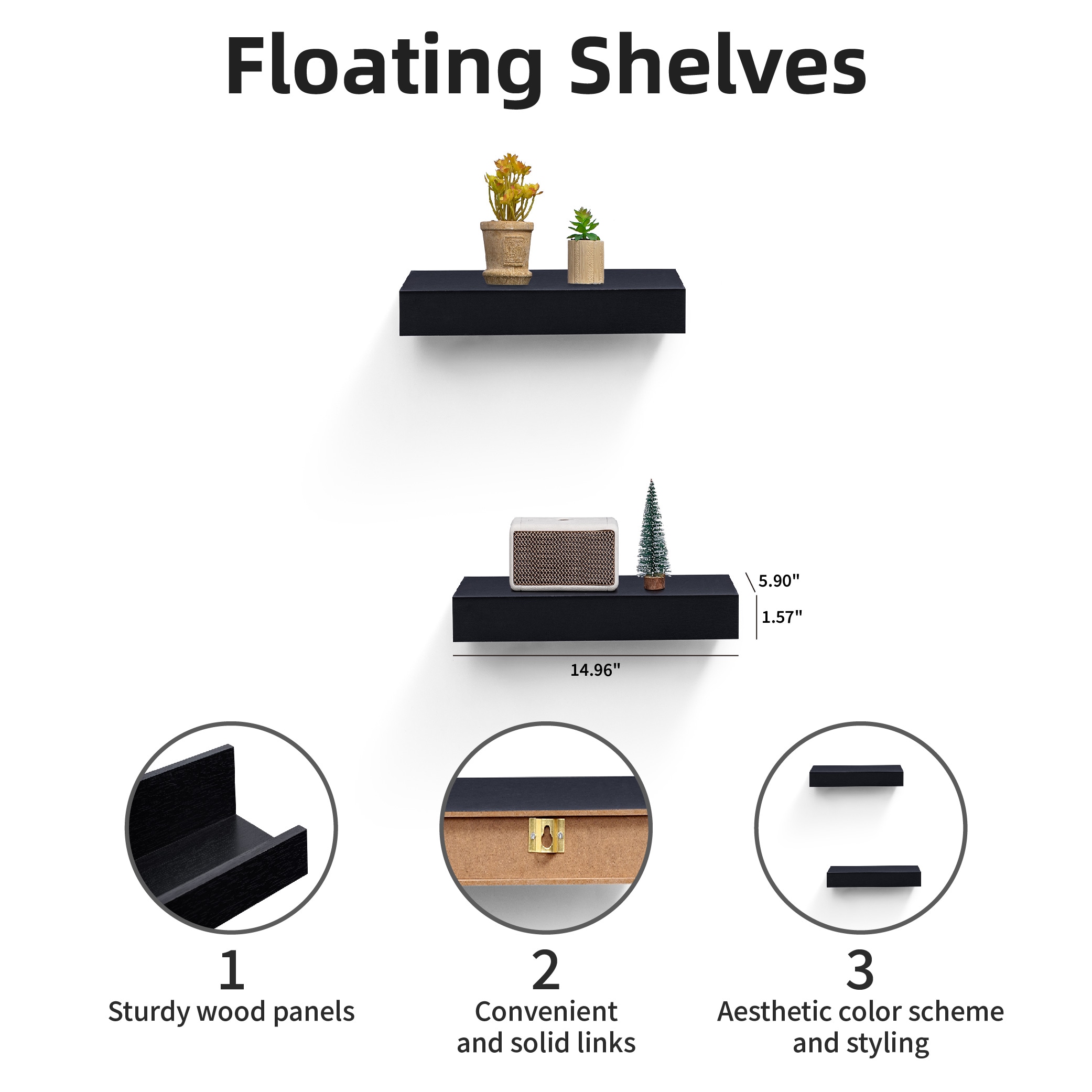 Floating Shelves 14.96" Wall Mounted Wood Shelves For Bathroom, Bedroom, Living Room, Kitchen, Hanging Shelf For Books/Storage/Decor With Invisible Brackets, Black_voghion.com